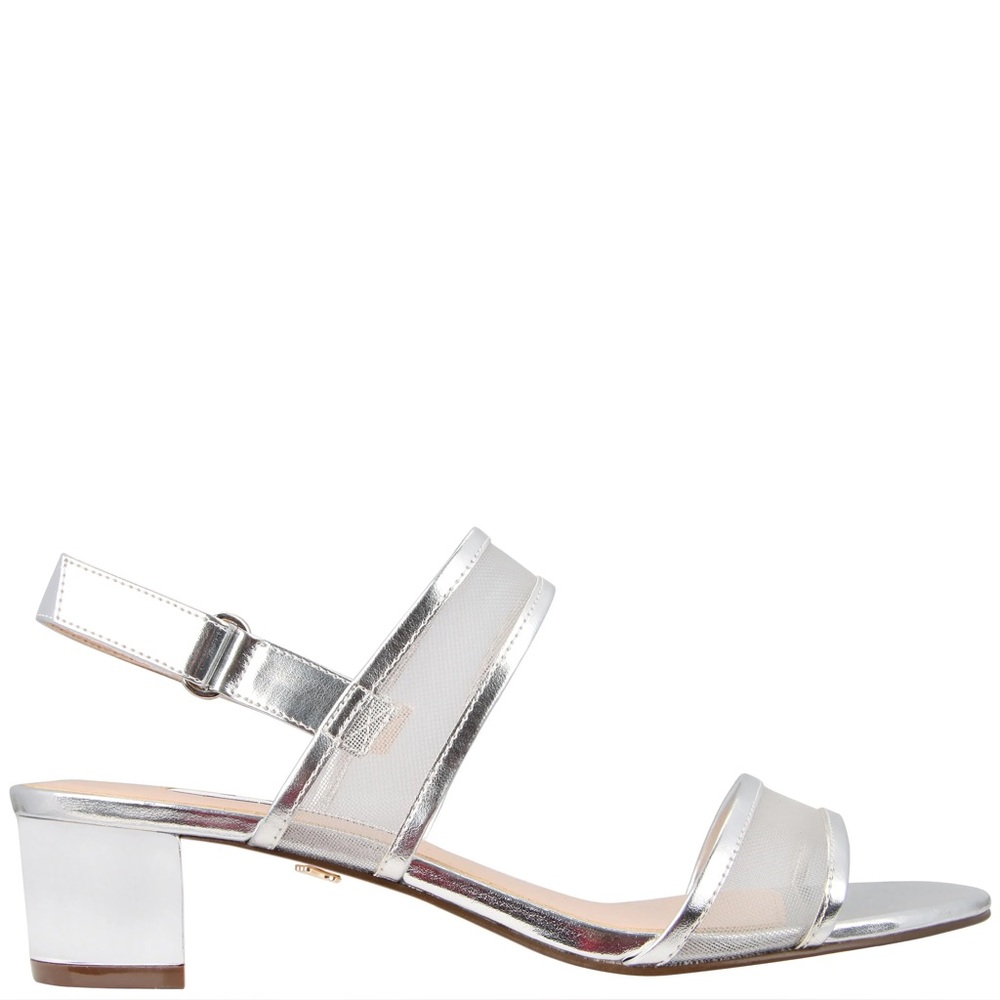 Nina Ganice SILVER METALLIC FOIL WITH MESH BLOCK HEEL HOOK & LOOP SANDALS | Sz 8 - Picture 2 of 10